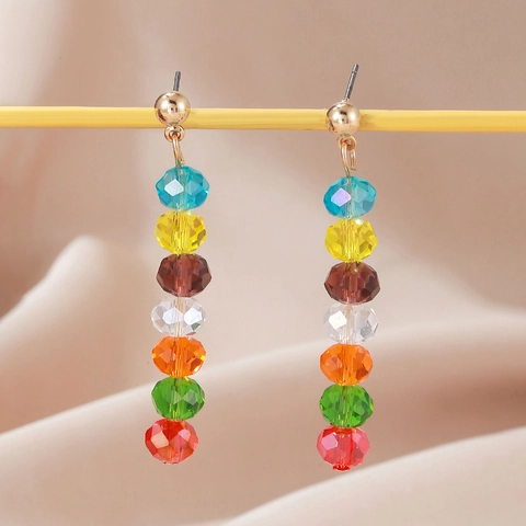 Regenbogen Bunte Facettierte Glasperlen Lange Hängeohrringe Mit Goldener Kugelstecker Mode Böhmischer Schmuck Für Damen