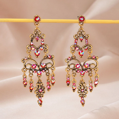 Vintage Bohemian Alloy Rhinestone Chandelier Tassel Earrings For Women Retro Court Style Hollow Geometric Dangle Earrings Jewelry Gift
