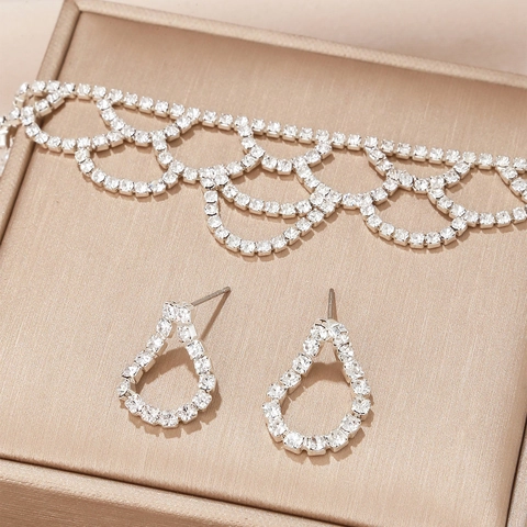 Luxus Legierung Strass Wassertropfen Ohrringe Welle Choker Halskette Für Damen Hochzeit Party Brautschmuck Silber Ton Schmuck