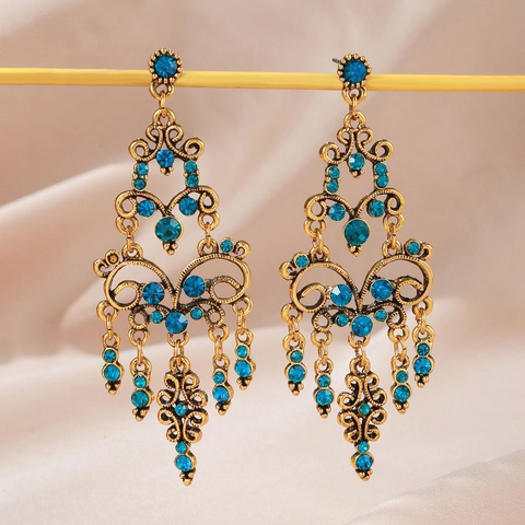 Vintage Bohemian Alloy Rhinestone Chandelier Tassel Earrings For Women Retro Court Style Hollow Geometric Dangle Earrings Jewelry Gift