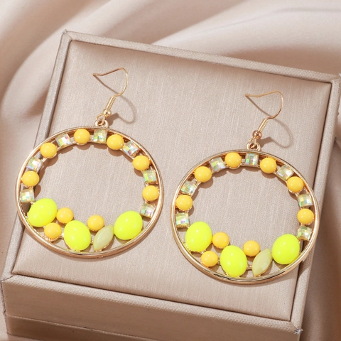 Bohemian Round Hoop Earrings Alloy Colorful Resin Beads Rhinestone Accents Geometric Statement Jewelry For Women