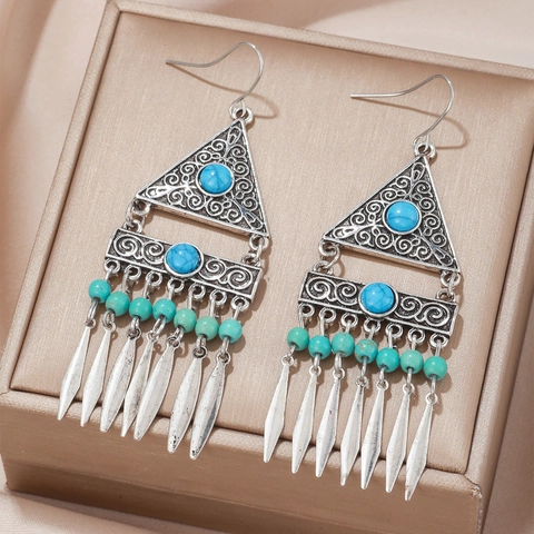Bohemian Tassel Drop Earrings Alloy Turquoise Filigree Retro Ethnic Style Jewelry For Women