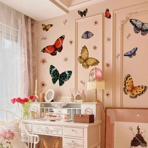 Butterfly Moth Flower Wall Stickers Vintage Realistic Colorful PVC Self Adhesive Decals For Bedroom Living Room Home Decor
