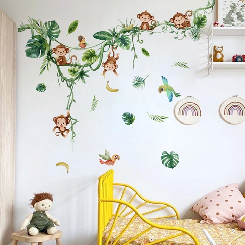 Adesivi Murali Scimmia della Giungla in PVC per Cameretta Bambini Foglie Tropicali Pappagallo Acquerello Decorazione Parete Fai-da-te Impermeabile