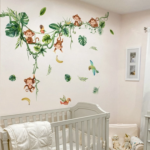 Adesivi Murali Scimmia della Giungla in PVC per Cameretta Bambini Foglie Tropicali Pappagallo Acquerello Decorazione Parete Fai-da-te Impermeabile