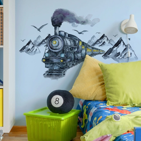 Stickers Muraux Aquarelle Train à Vapeur Montagne Oies Sauvages PVC Amovible Art Décalcomanie Pour Chambre d'Enfant Décoration