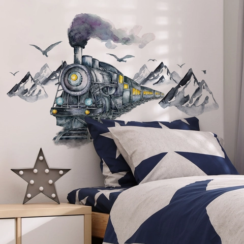 Stickers Muraux Aquarelle Train à Vapeur Montagne Oies Sauvages PVC Amovible Art Décalcomanie Pour Chambre d'Enfant Décoration