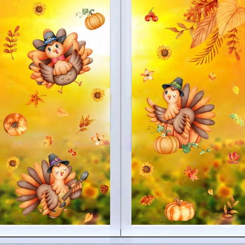 Acción De Gracias Pavo Calabaza Pegatinas Para Ventana Hojas Arce Girasol Estáticas Decoración De Vidrio