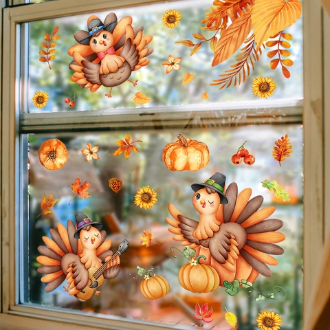 Acción De Gracias Pavo Calabaza Pegatinas Para Ventana Hojas Arce Girasol Estáticas Decoración De Vidrio