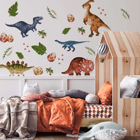 Cartoon Dinosaur Wall Stickers PVC Self Adhesive Watercolor Decals Nursery Kids Room Playroom Home Decor