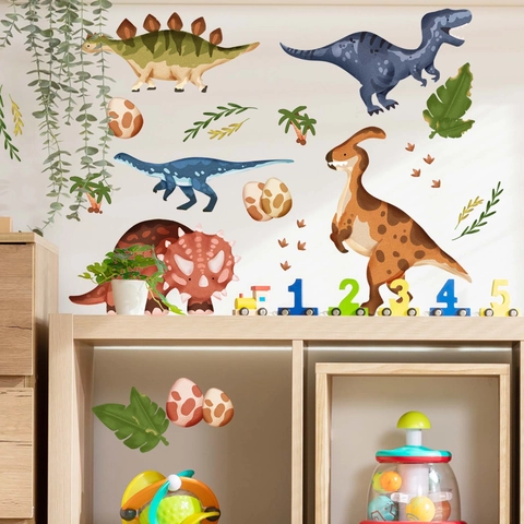 Cartoon Dinosaur Wall Stickers PVC Self Adhesive Watercolor Decals Nursery Kids Room Playroom Home Decor