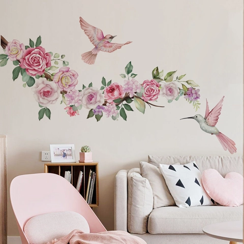 Watercolor Pink Peony Flower Hummingbird Wall Stickers PVC Removable Artistic Floral Decals For Bedroom Living Room
