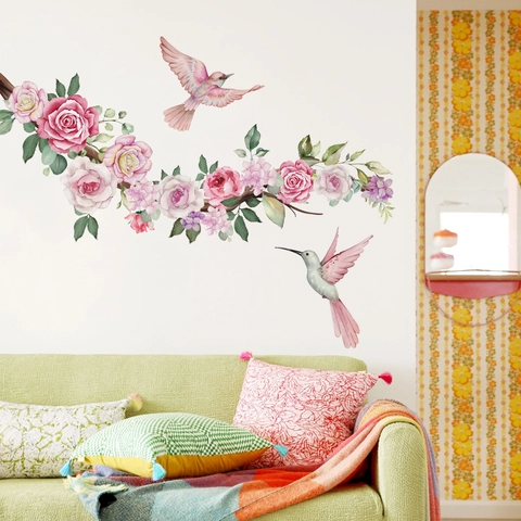 Watercolor Pink Peony Flower Hummingbird Wall Stickers PVC Removable Artistic Floral Decals For Bedroom Living Room
