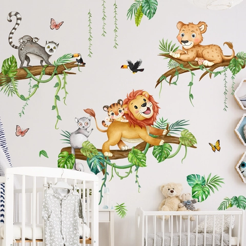 Cartoon Jungle Animal Wall Stickers For Kids Room Nursery Lion Tiger Leopard PVC Waterproof Forest Decor Wall Decals