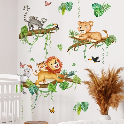 Cartoon Jungle Animal Wall Stickers For Kids Room Nursery Lion Tiger Leopard PVC Waterproof Forest Decor Wall Decals