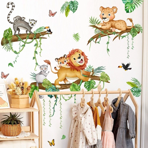 Jungle Animal Wall Stickers PVC Lion Tiger Leopard Removable Mural For Children Nursery Bedroom Cartoon Watercolor Decor