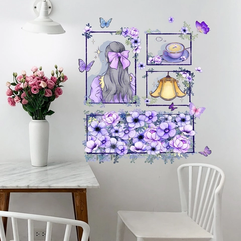 Purple Flower Butterfly Girl Wall Stickers PVC Removable DIY Wall Decals For Living Room Bedroom Home Decoration