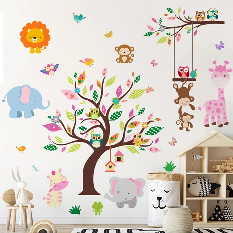 Adesivi Murali Giungla Animali Cartoni Animati Con Albero Giraffa Leone Scimmia Per Cameretta Bambini PVC Decalcomanie