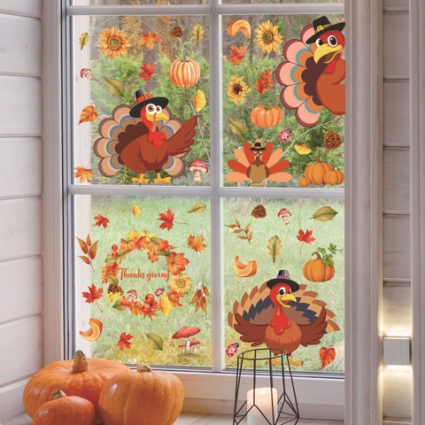 Adesivi per Finestre del Ringraziamento Tacchino Zucca Statici Foglia d'Acero Girasole Funghi Decalcomanie Decorazioni Casa