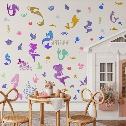 Adesivi Murali Sirena Glitter PVC Tema Oceano Decorazione Per Camera Dei Bambini Asilo Colorato Autoadesivo