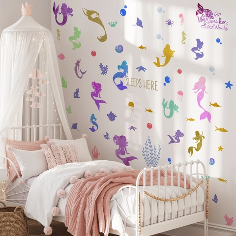 Adesivi Murali Sirena Glitter PVC Tema Oceano Decorazione Per Camera Dei Bambini Asilo Colorato Autoadesivo
