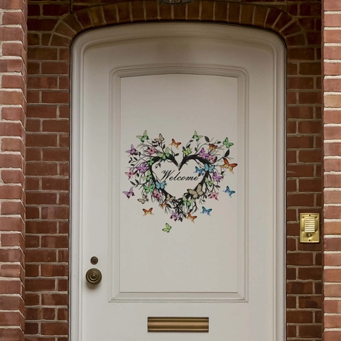Heart Shaped Butterfly Branch Wreath Welcome Letter PVC Self Adhesive Wall Decal For Living Room Entrance Home Decoration