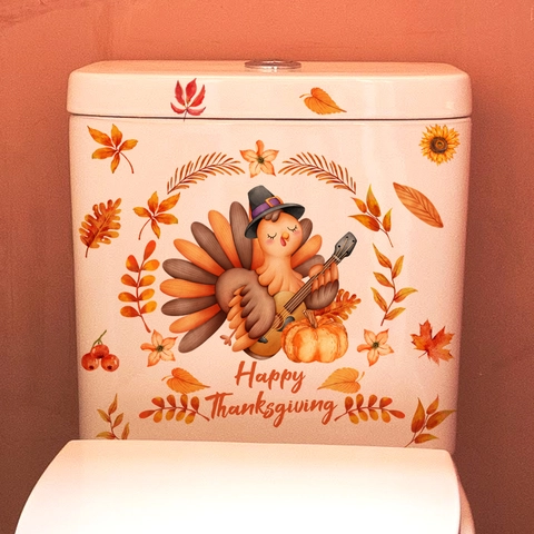 Thanksgiving Toilet Sticker PVC Waterproof Cartoon Turkey Guitar Pumpkin Maple Leaf Bathroom Wall Decor