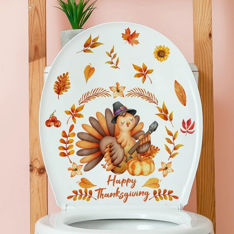 Thanksgiving Toilet Sticker PVC Waterproof Cartoon Turkey Guitar Pumpkin Maple Leaf Bathroom Wall Decor