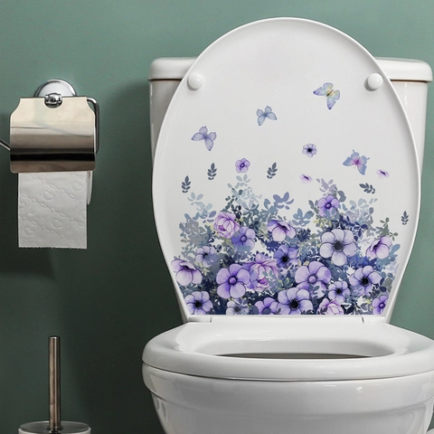 Adesivo per Gabinetto con Fiori e Farfalle Acquerello Viola Impermeabile PVC Rimovibile Decorazione per Bagno Arte