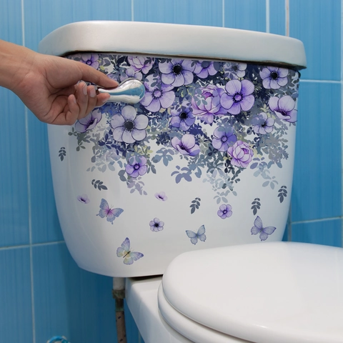 Adesivo per Gabinetto con Fiori e Farfalle Acquerello Viola Impermeabile PVC Rimovibile Decorazione per Bagno Arte