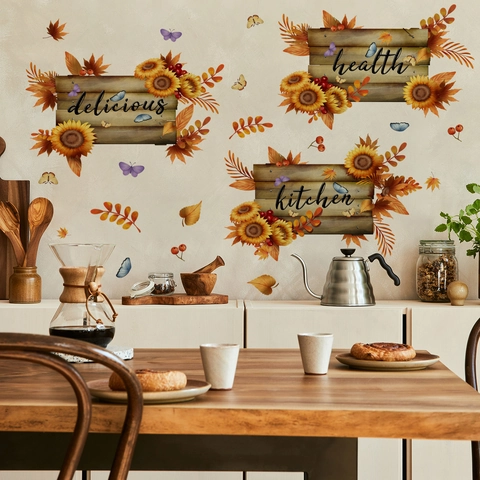 Sunflower Butterfly Wall Stickers PVC Kitchen Decor Decals Harvest Maple Leaf Pattern Faux Wood Signs Rustic Home Art