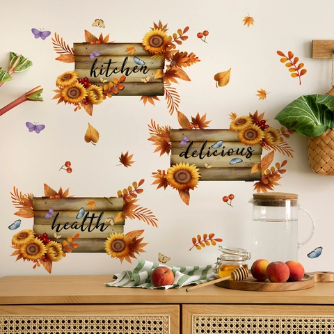Sunflower Butterfly Wall Stickers PVC Kitchen Decor Decals Harvest Maple Leaf Pattern Faux Wood Signs Rustic Home Art