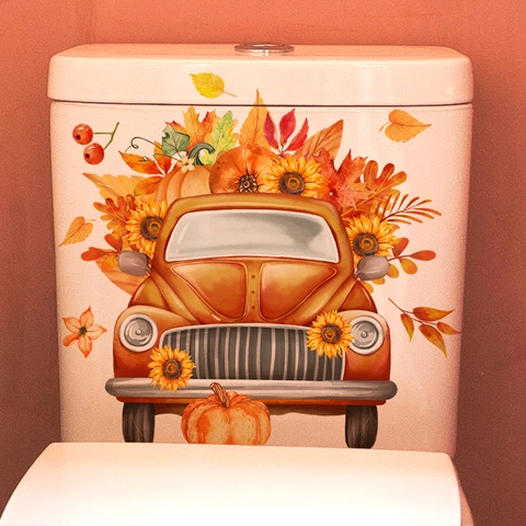 Autumn Thanksgiving Toilet Sticker PVC Waterproof Vintage Pumpkin Truck Sunflower Maple Leaf Bathroom Wall Decal Home Decor