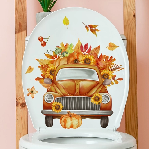 Autumn Thanksgiving Toilet Sticker PVC Waterproof Vintage Pumpkin Truck Sunflower Maple Leaf Bathroom Wall Decal Home Decor