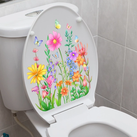 Floral Butterfly Toilet Lid Sticker Waterproof PVC Self Adhesive Bathroom Wall Decal Flower Daisy Pattern Home Decor