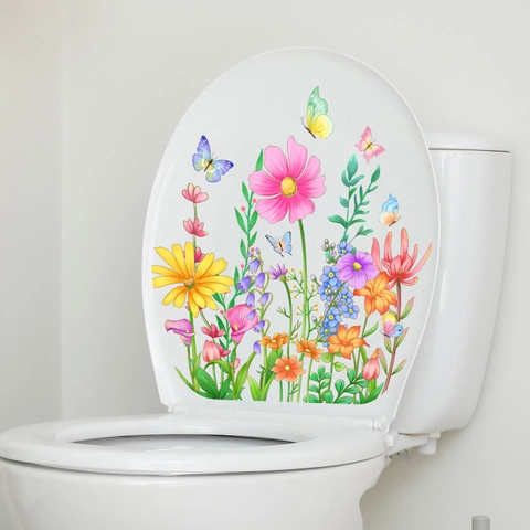 Floral Butterfly Toilet Lid Sticker Waterproof PVC Self Adhesive Bathroom Wall Decal Flower Daisy Pattern Home Decor