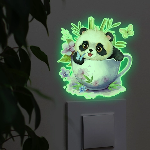 Cartoon Panda Tasse Leuchtend Lichtschalter Aufkleber Glow In The Dark PVC Wandtattoo Für Schlafzimmer Wohnzimmer Dekoration