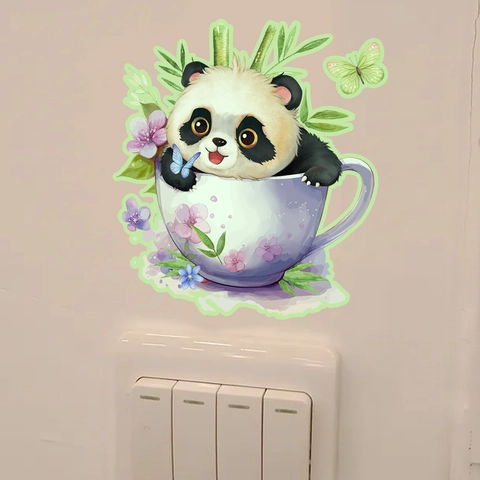 Cartoon Panda Tasse Leuchtend Lichtschalter Aufkleber Glow In The Dark PVC Wandtattoo Für Schlafzimmer Wohnzimmer Dekoration