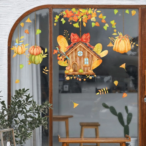 Thanksgiving Autumn Pumpkin Birdhouse Window Stickers PVC Static Cling Watercolor Maple Leaves Fall Harvest Glass Decals Home Decor