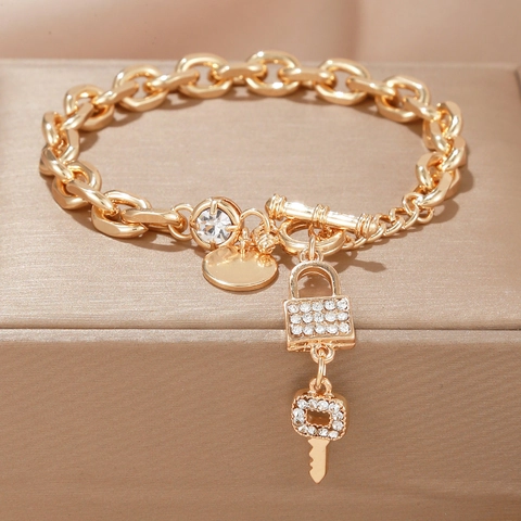 Bracciale Con Ciondoli A Catena Grossa Lega Zircone Rhinestone Serratura Chiave Chiusura A T Per Donna