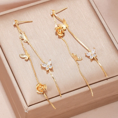 Elegant Long Tassel Drop Earrings For Women Copper Alloy Zircon Flower Butterfly Bowknot Rhinestone Jewelry For Party Wedding