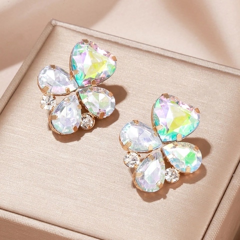 Butterfly Stud Earrings Alloy Gold Plated With Colorful Heart Shape Crystal Rhinestones Sparkly Geometric Fashion Jewelry For Women