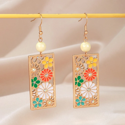Hollow Rectangular Alloy Drop Earrings With Colorful Enamel Flower Rhinestone And Imitation Artificial Pearl For Women