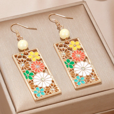 Hollow Rectangular Alloy Drop Earrings With Colorful Enamel Flower Rhinestone And Imitation Artificial Pearl For Women