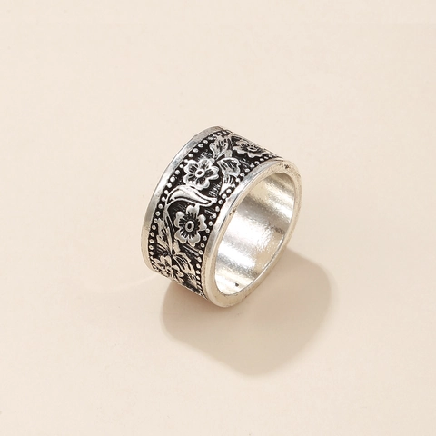 Vintage Ring Mit Breitem Band Legierung Antik Silber Finish Floral Sonnenblume Relief Hohlmuster Retro Ethnischen Stil Schmuck
