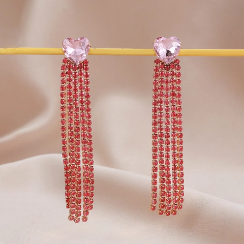 Hartvorm Strass Kwastje Oorbellen Lange Dangle Legering Zirkoon Drop Elegante Sieraden Voor Vrouwen
