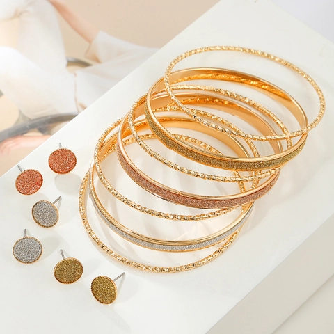 Bohemian Zinc Alloy Glitter Textured Bangle And Stud Earring Collection With Earring Post Vintage Gold Tone Women Jewelry