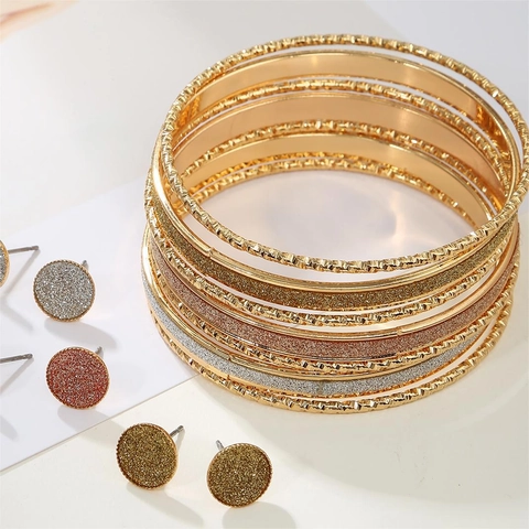 Bohemian Zinc Alloy Glitter Textured Bangle And Stud Earring Collection With Earring Post Vintage Gold Tone Women Jewelry