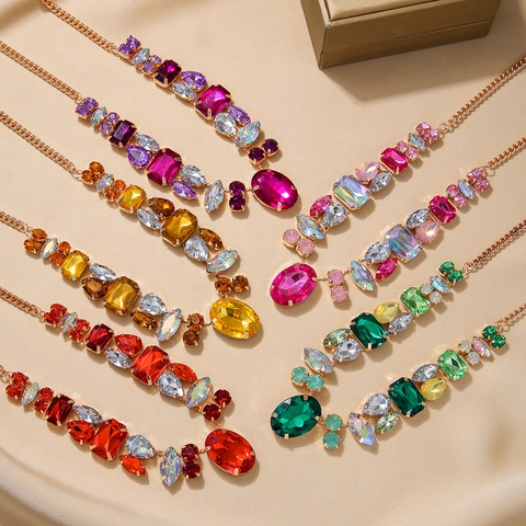 Collana Statement Geometrica In Lega Da Donna Con Strass Colorati Pendente Grande Lucido Gioielli Per Feste