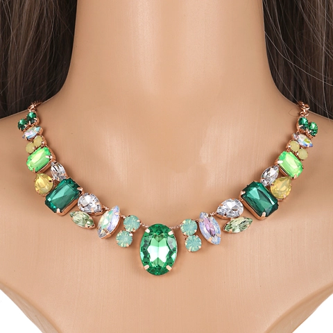 Vintage Alloy Artificial Crystal Gemstone Statement Necklace For Women Geometric Colorful Party Banquet Jewelry Accessory